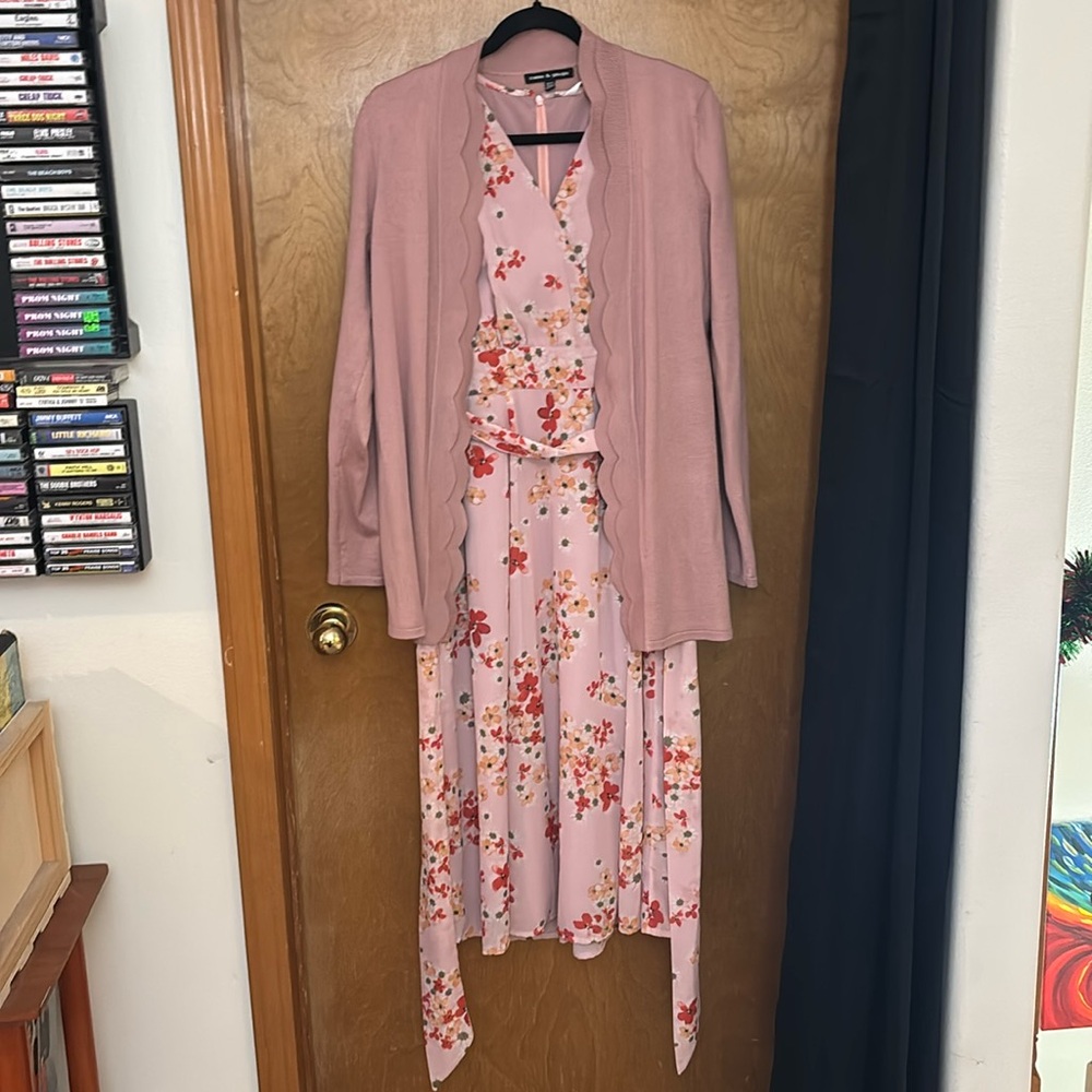 eShakti light pink floral print dress (size 8) with Cable & Gauge cardigan (M)